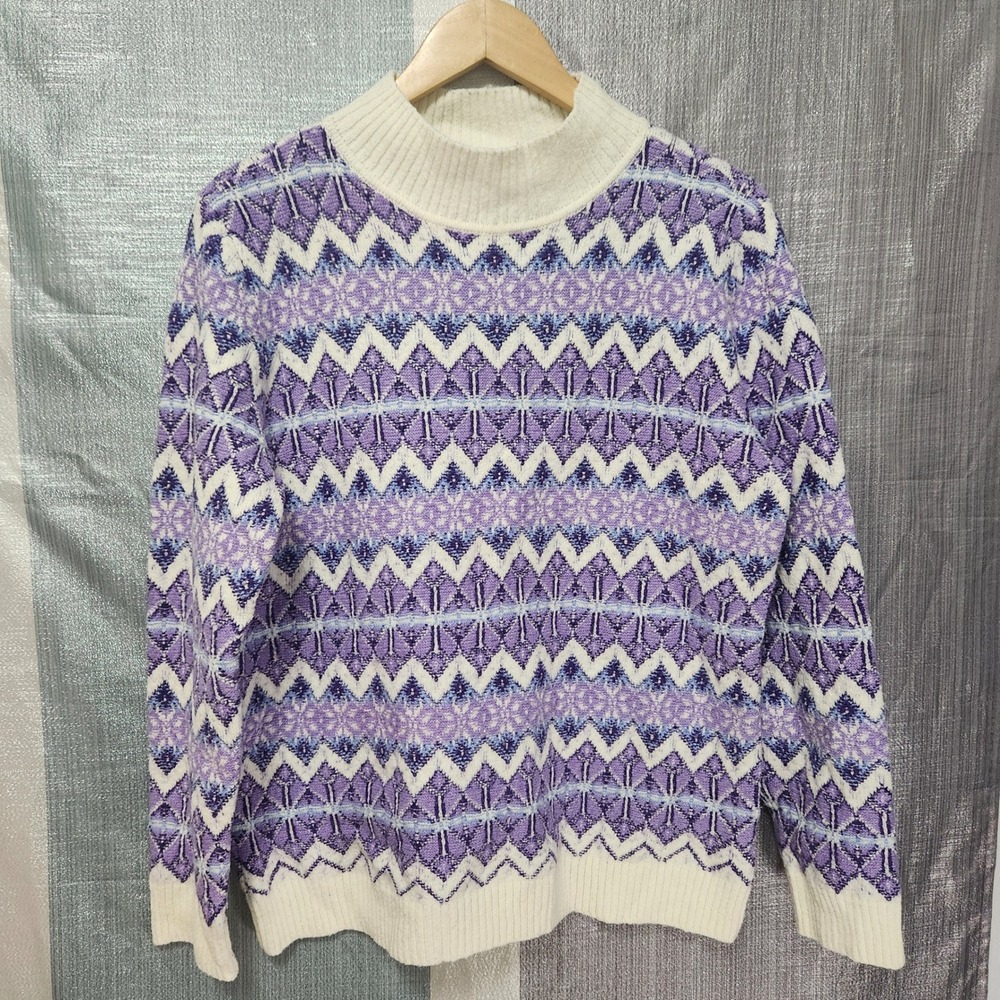 Talbots Petite Purple Fair Isle Mock Neck Sweater Cotton Blend Nordic Ski Cozy